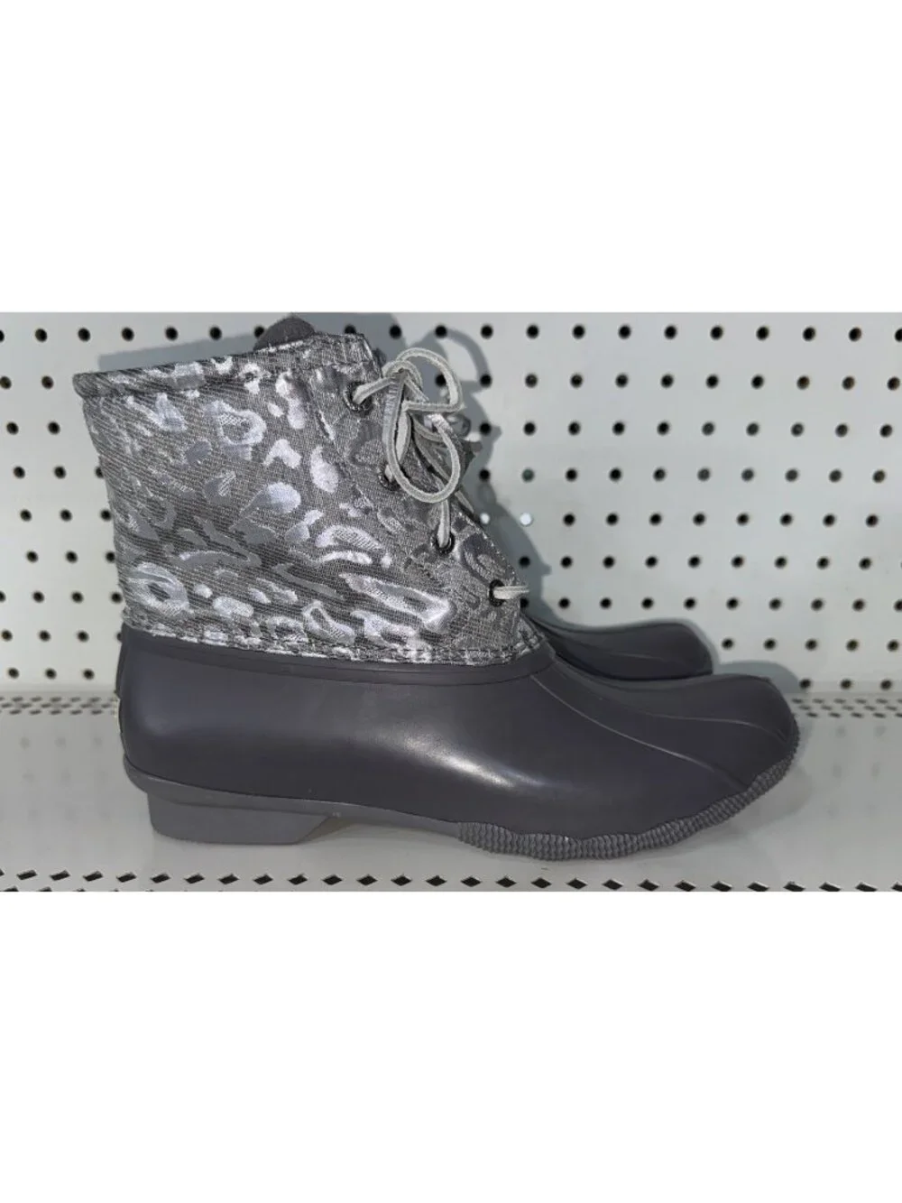Sperry Saltwater Jacquard Womens Duck Rain Boots Size 10 Silver Leopard Print